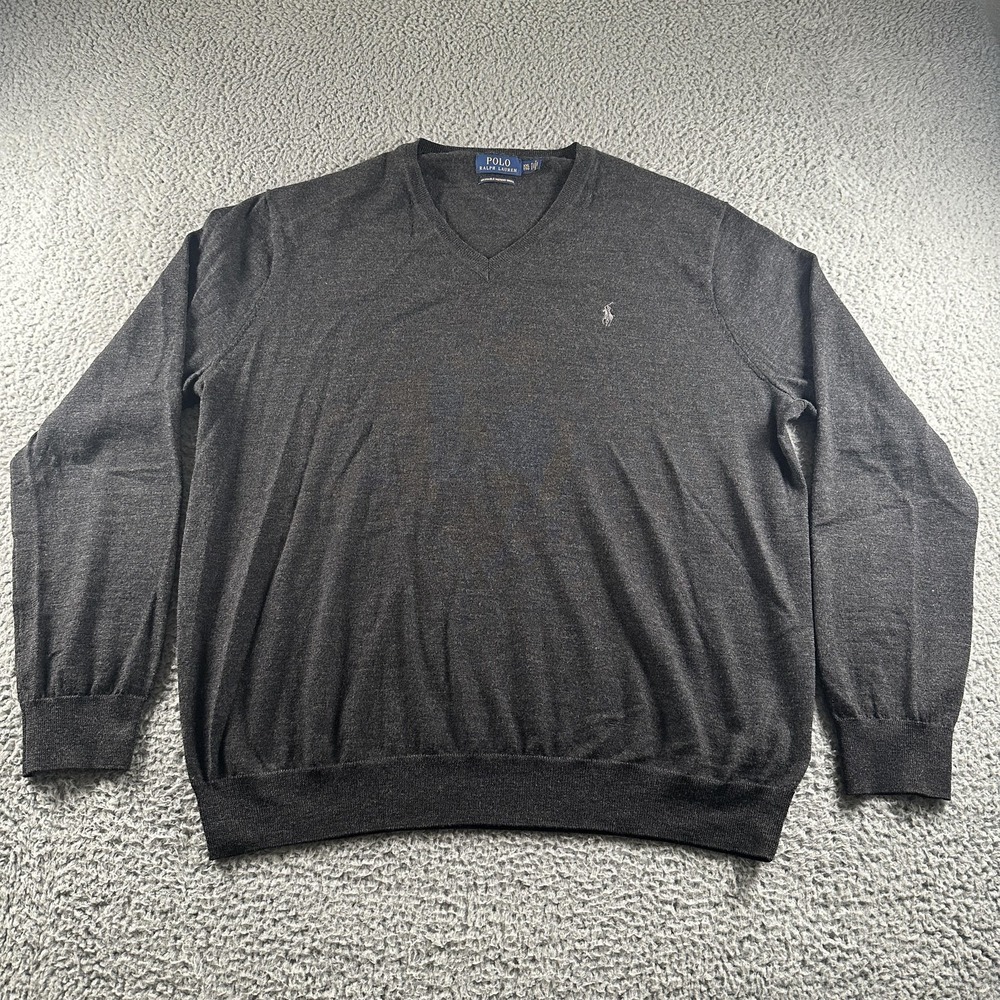 Polo Ralph Lauren Sweater Mens 2XL Gray Merino Wool V-Neck Knit Long Sleeve
